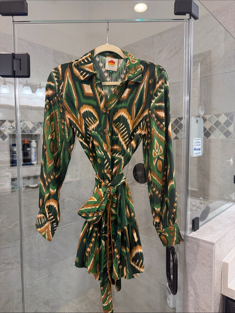 FARM Rio Green and Tan Ikat-Print Long-Sleeve Tie-Waist Dress